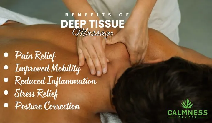 Person getting a deep tissue massage in a spa with the benefits of deep tissue massage in display text