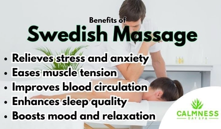 Image featuring benefits of swedish massage with a professional doing massage in a spa in the background.