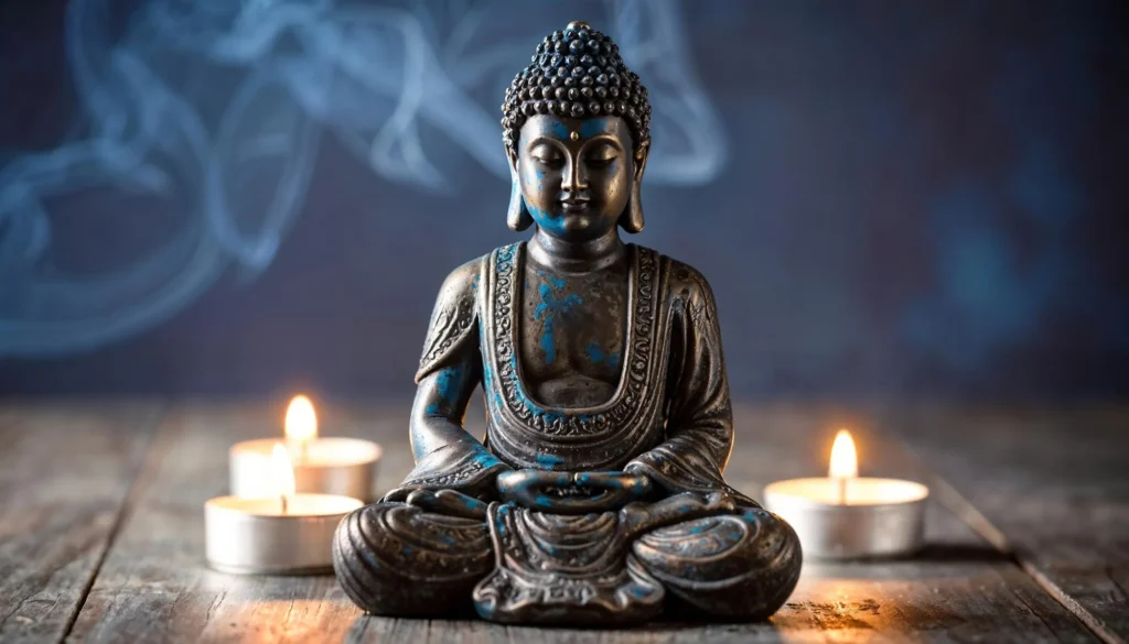 Statue of Buddha meditating with candles around for a good meditation vibe - How to Meditate