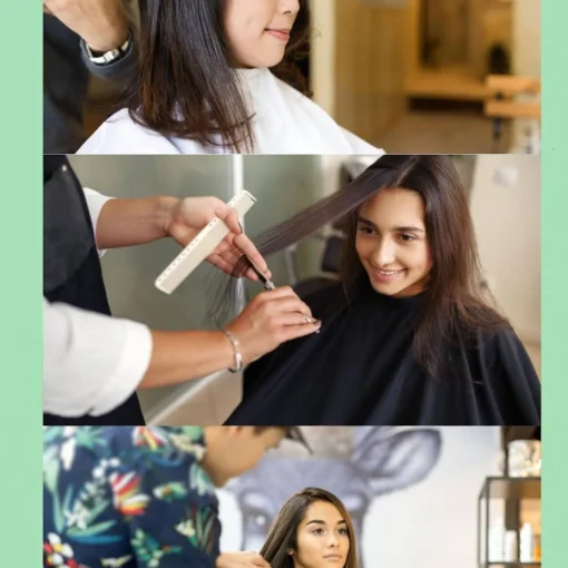 Hairdresser trimming and styling the hair of women showing different haircuts for women