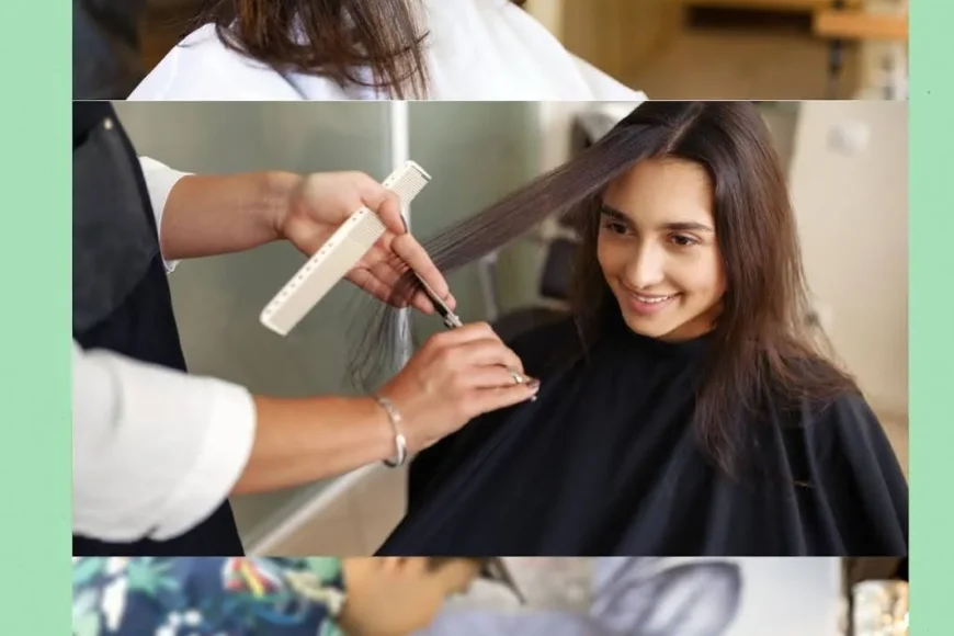 Hairdresser trimming and styling the hair of women showing different haircuts for women