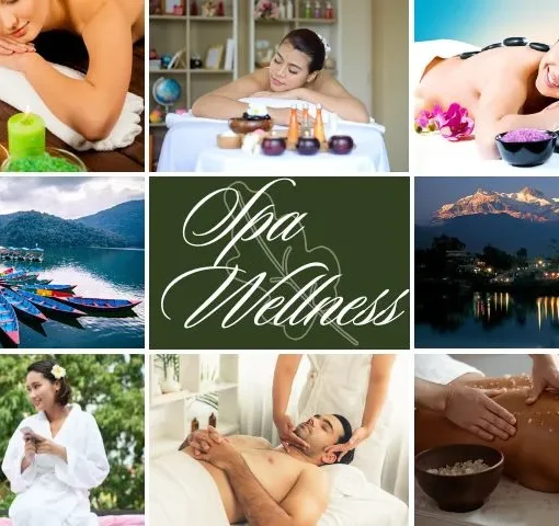 Spa Wellness Tourism in Pokhara surrounded by serene lakes and mountains promoting spa treatments and massages